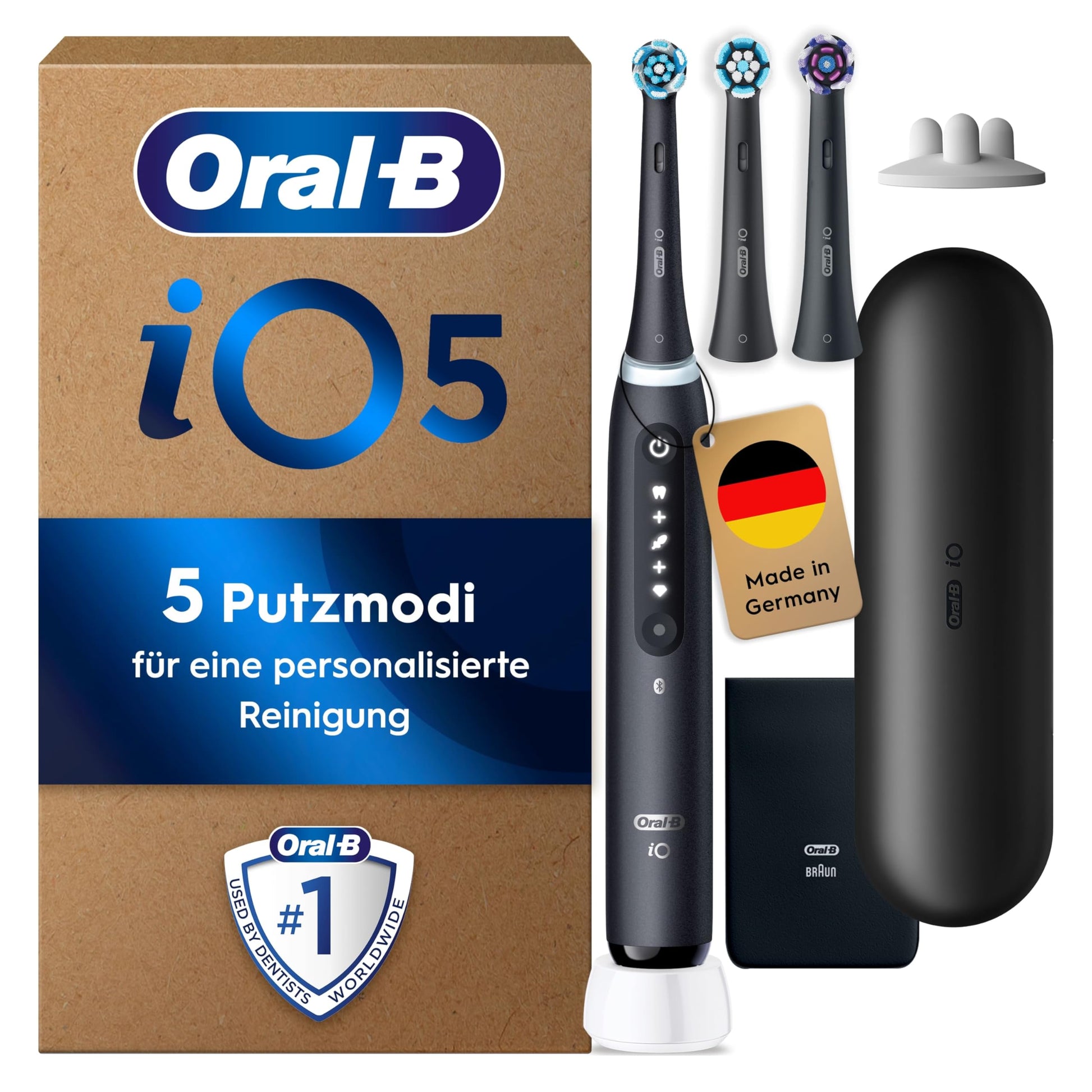Oral-B iO Series 5 Plus Edition Elektriskā zobu birste — Elektriskā zobu birste, Iekļauj 3 uzgaļus, 5 tīrīšanas režīmus zobu kopšanai, ceļojumu futrālis — Elektriskā zobu birste, izstrādājusi Braun, melna