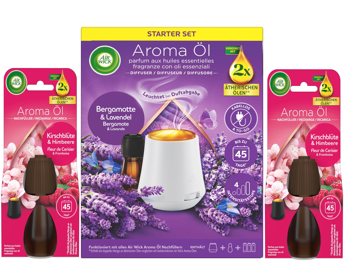 Aromaeļļas difuzora komplekts Air Wick ar ierīci un uzpildēm, 1x20ml bergamotes un lavandas aromāts, 2x20ml ķiršu ziedu un aveņu aromāts