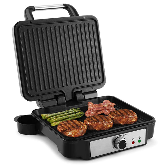 YASHE kontaktgrils, 4 šķēles panini grils ar pretpiedeguma pārklājumu, 1800W tosteris sviestmaizēm ar temperatūras kontroli, kontrolgaisma, atveras 180 grādi, noņemama pilienu trauka, melns