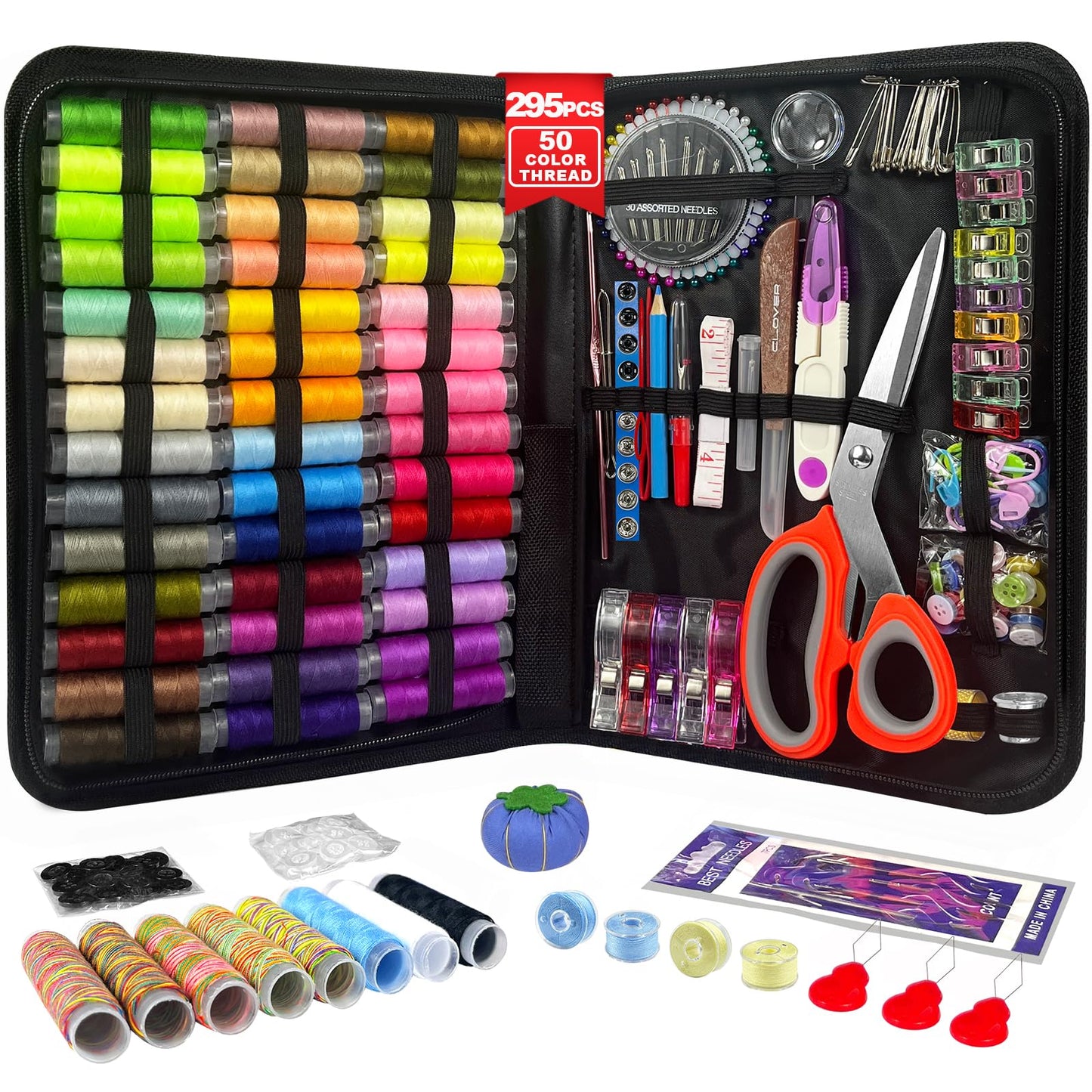 Nēšanas komplekts pieaugušajiem, 50 krāsu diegu komplekts, 295 detaļu profesionāls šūšanas komplekts, ietver diegu, ergonomiskas šķēres, adatas un vairāk, mini šūšanas komplekts iesācējiem, ceļojumiem, mājai, skolai un DIY dāvanai