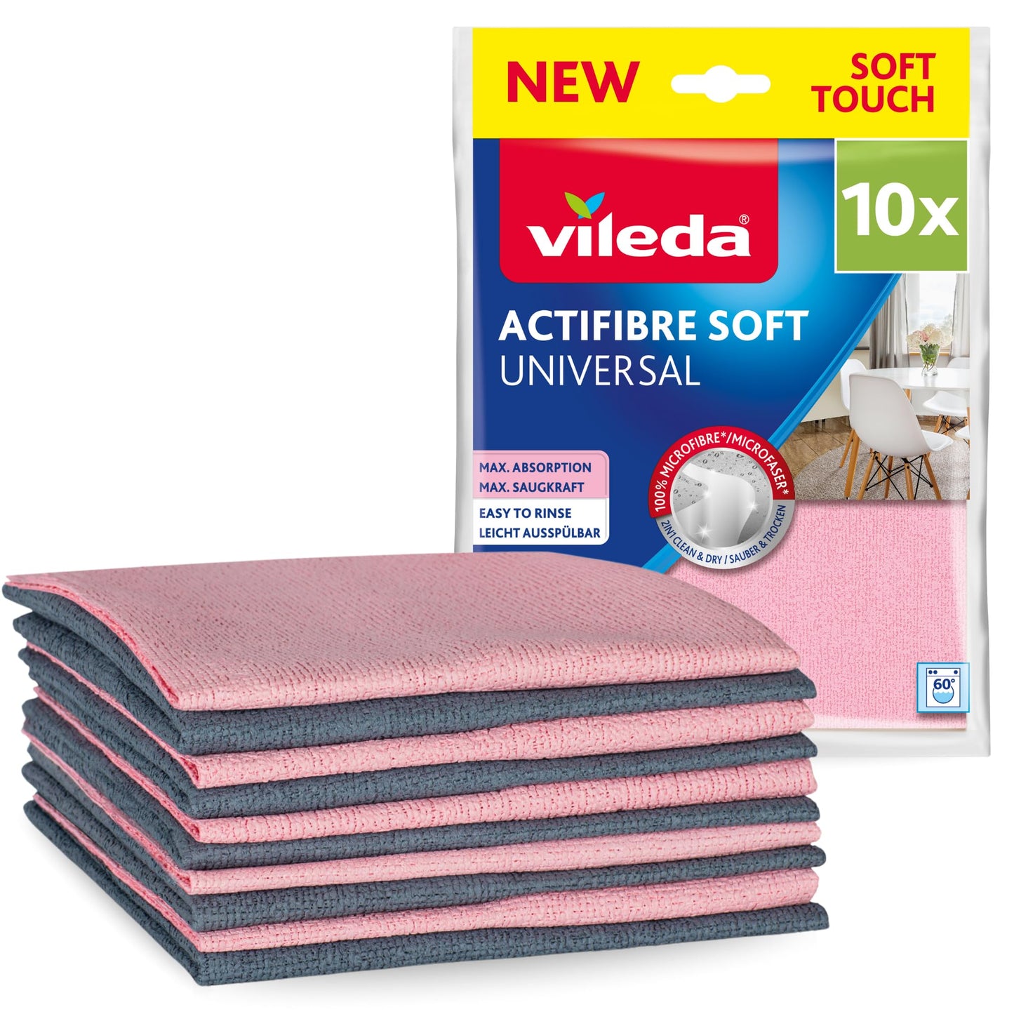 Mikrošķiedras tīrīšanas drānas Vileda Actifibre Soft Universal, 10 gab., rozā un pelēkā krāsā
