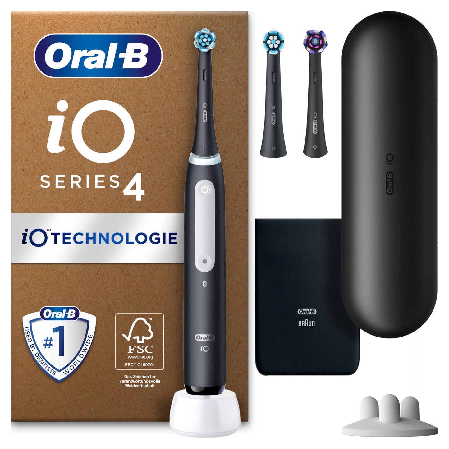 Oral-B iO Series 4 Plus Edition Elektriskā zobu birste — Elektriskā zobu birste, iekļaujot 3 uzgaļus, ceļojumu maciņš — 4 tīrīšanas režīmi zobu kopšanai, elektriskā zobu birste, izstrādājusi Braun, melna
