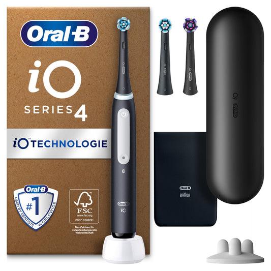 Oral-B iO Series 4 Plus Edition Elektriskā zobu birste — Elektriskā zobu birste, iekļaujot 3 uzgaļus, ceļojumu maciņš — 4 tīrīšanas režīmi zobu kopšanai, elektriskā zobu birste, izstrādājusi Braun, melna