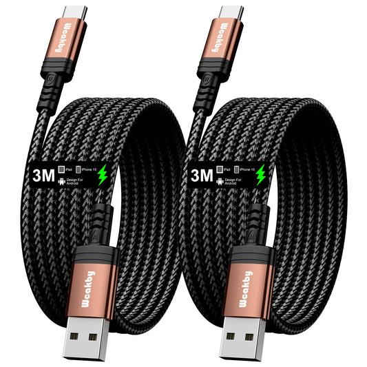 USB-C kabelis 3m, 2 gab. Wcakby ātrās uzlādes kabelis, 3.1A, pīts neilona USB A–USB C kabelis Samsung Galaxy S24/S23, Pixel, LG un citām USB-C ierīcēm