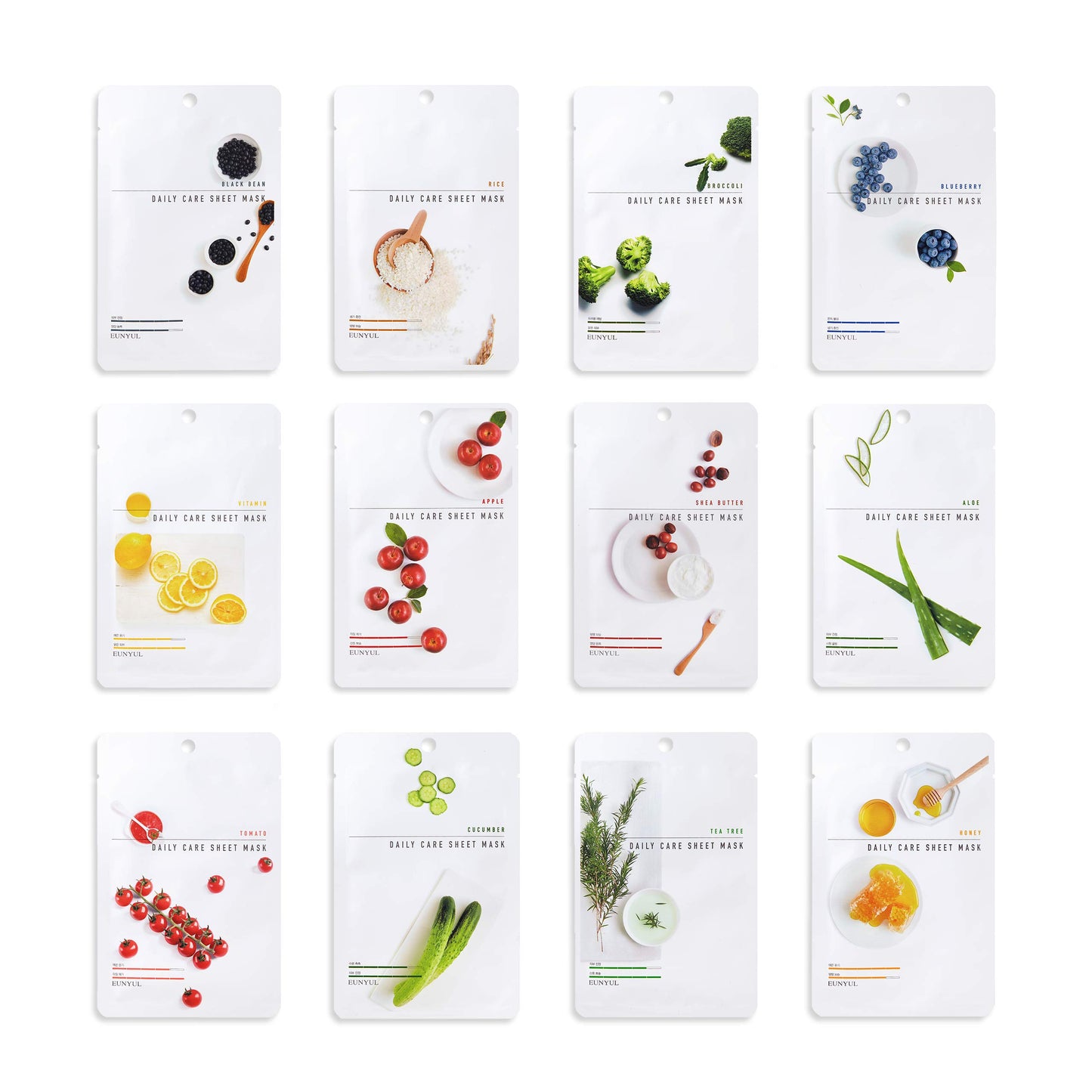 [12 gab. komplekts] EUNYUL Daily Care sejas auduma maskas, 12 veidi, 22 ml x 12 gab., korejiešu ādas kopšana, hipoalerģiska Tencel maska ar dabīgām sastāvdaļām