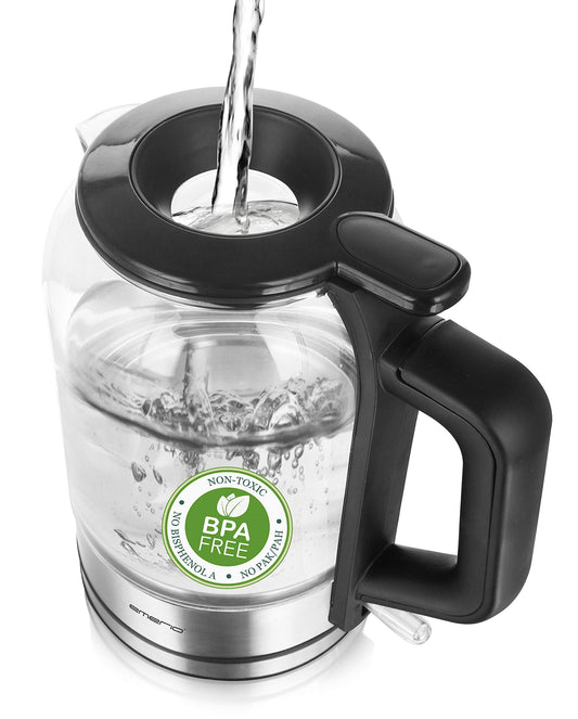 Emerio WK-122574 - 1.5L borosilikāta ūdens vārītājs, 2200W, automātiska izslēgšanās, zils LED apgaismojums, melns/sudrabs.