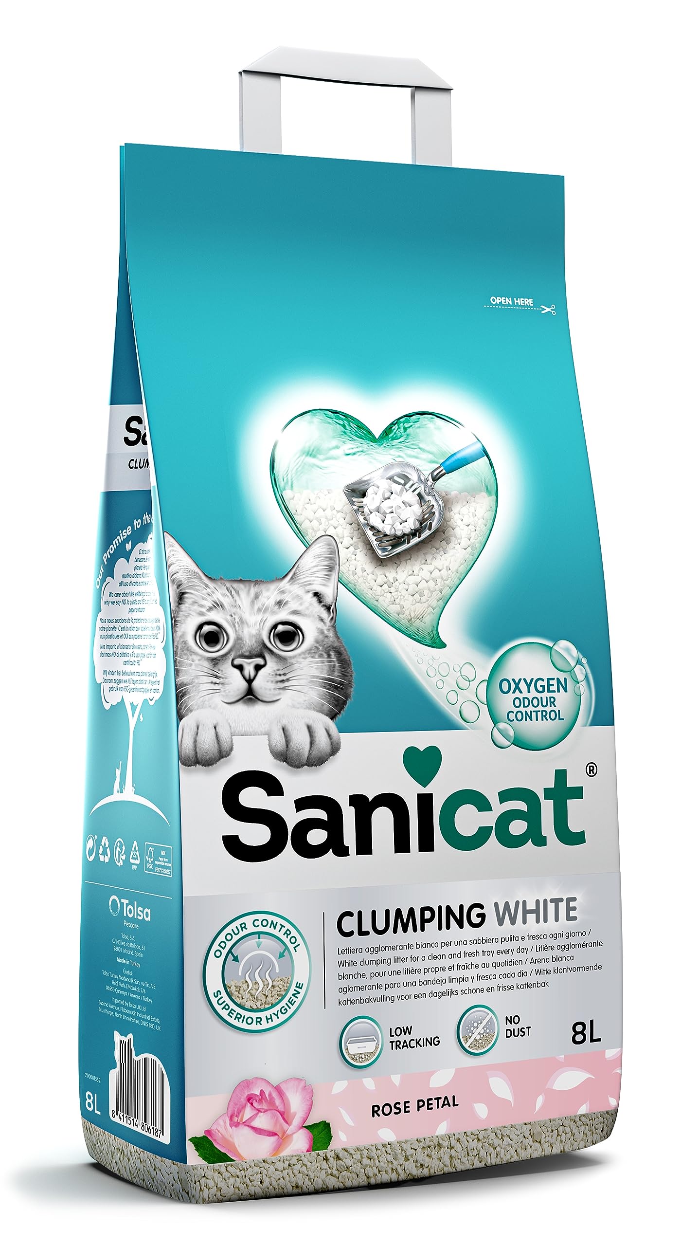 Sanicat baltas klājošas kaķu smiltis ar rožu ziedlapu aromātu, 8 L