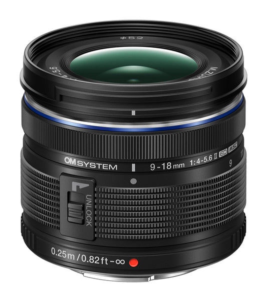 OM SYSTEM M.Zuiko Digital ED 9-18mm F4.0-5.6 II objektīvs, plaša leņķa zoom, piemērots visām MFT kamerām (Olympus OM-D & Pen modeļi, Panasonic G sērija) melns