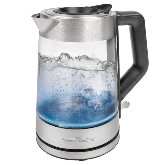 ProfiCook stikla tējkanna - 1,7L, 2200W, temperatūras apgaismojums, automātiska izslēgšanās, elegants stikla dizains.