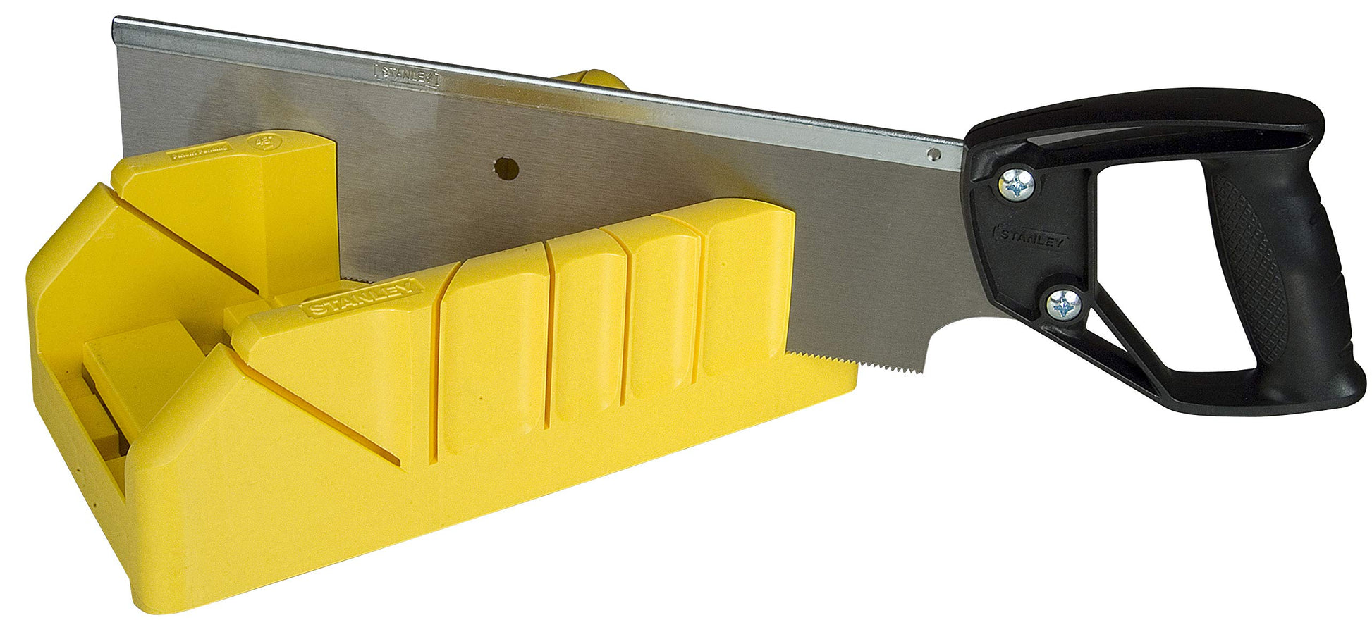 STANLEY plastmasas leņķa kaste 1-19-800 - triecienizturīgs, ar muguras zāģi un stiprinājuma urbumiem, griešanas leņķi 22,5° 45° 90°