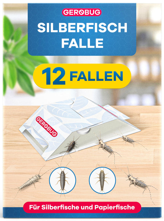 Silberfischfalle Gerobug, 12 gab., ar bezindes pievilinātāju visās dzīvojamās telpās, bonusa ceļvedis cīņai ar sudrabzivtiņām, arī pret zirnekļiem un prusakiem, alternatīva sudrabzivtiņu ēsmas kārbai