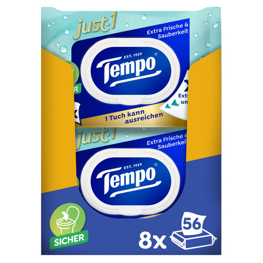 Mitrās tualetes salvetes Tempo Just1 Premium, īpaši lielas, 56 salvetes iepakojumā