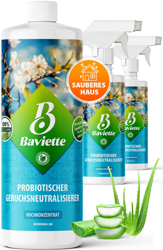 Smaržu neitralizators Baviette 1L – dzīvnieku un ikdienas smaku noņemšanai mājās, paklājos, polsterējumos un auto – mikroorganismu formula mājdzīvnieku zonām – bioloģiski noārdāms