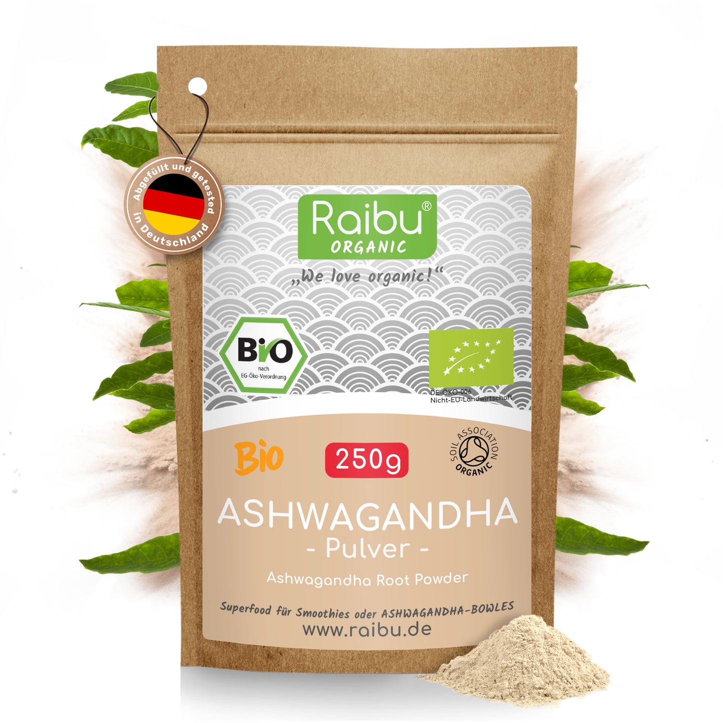 Ašvagandas pulveris Raibu Bio 250g - Withania somnifera - 100% tīrs organisks saknes pulveris, Indijas žeņšeņs, bez piedevām, ražots Vācijā