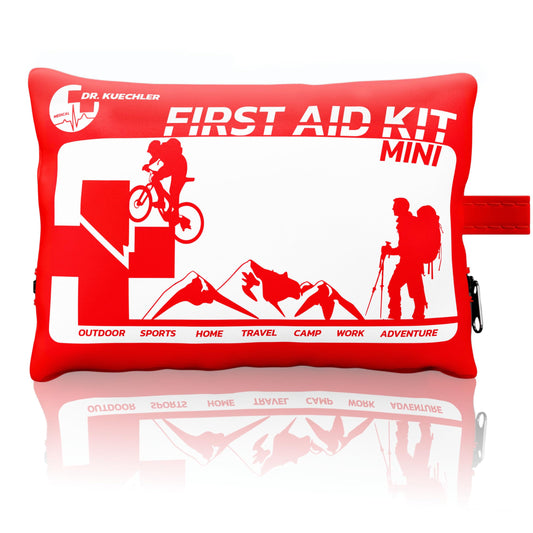 Pirmās palīdzības komplekts Dr. Küchler Medical Mini, ultrakompakts First Aid Kit (14×9×4 cm), āra aktivitātēm, pārgājieniem, velobraucieniem un ceļojumiem, 29 detaļas ar plāksteriem, pārsējiem un šķērēm, krāsa First AID KITS:sarkana