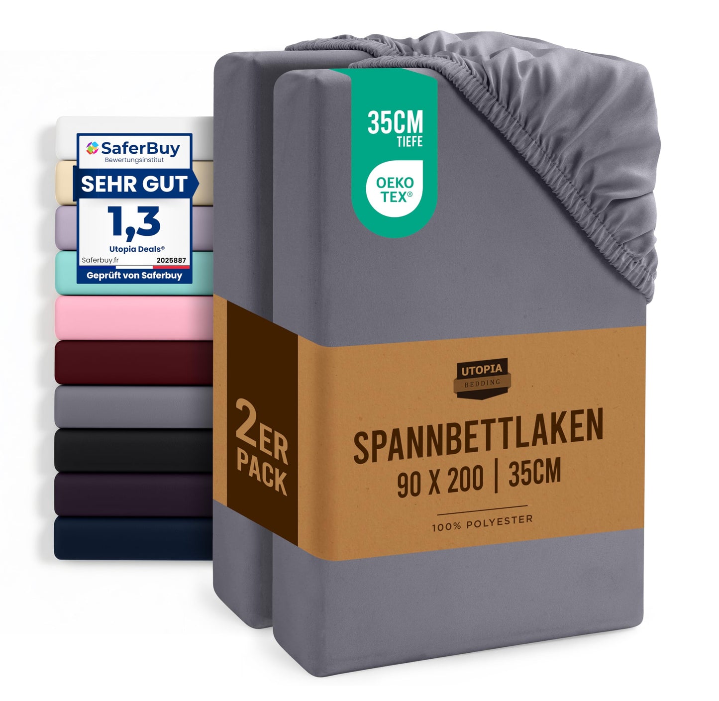 Fitted sheet Utopia Bedding 2 gab. 90x200cm pelēks, birstētas mikrošķiedras palags ar 35 cm dziļu stūri