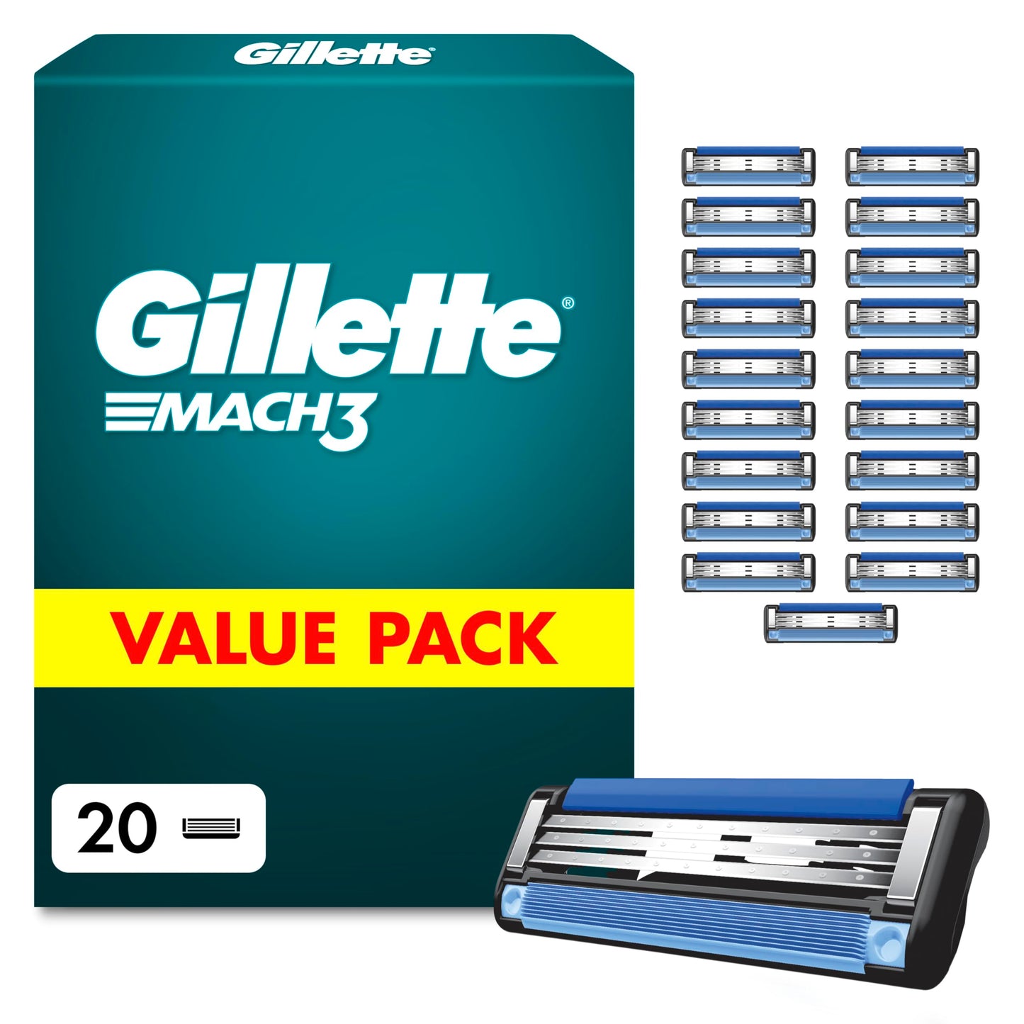 Gillette Mach 3 asmeņi vīriešiem, 20 oriģinālās skūšanās kasetes, zili