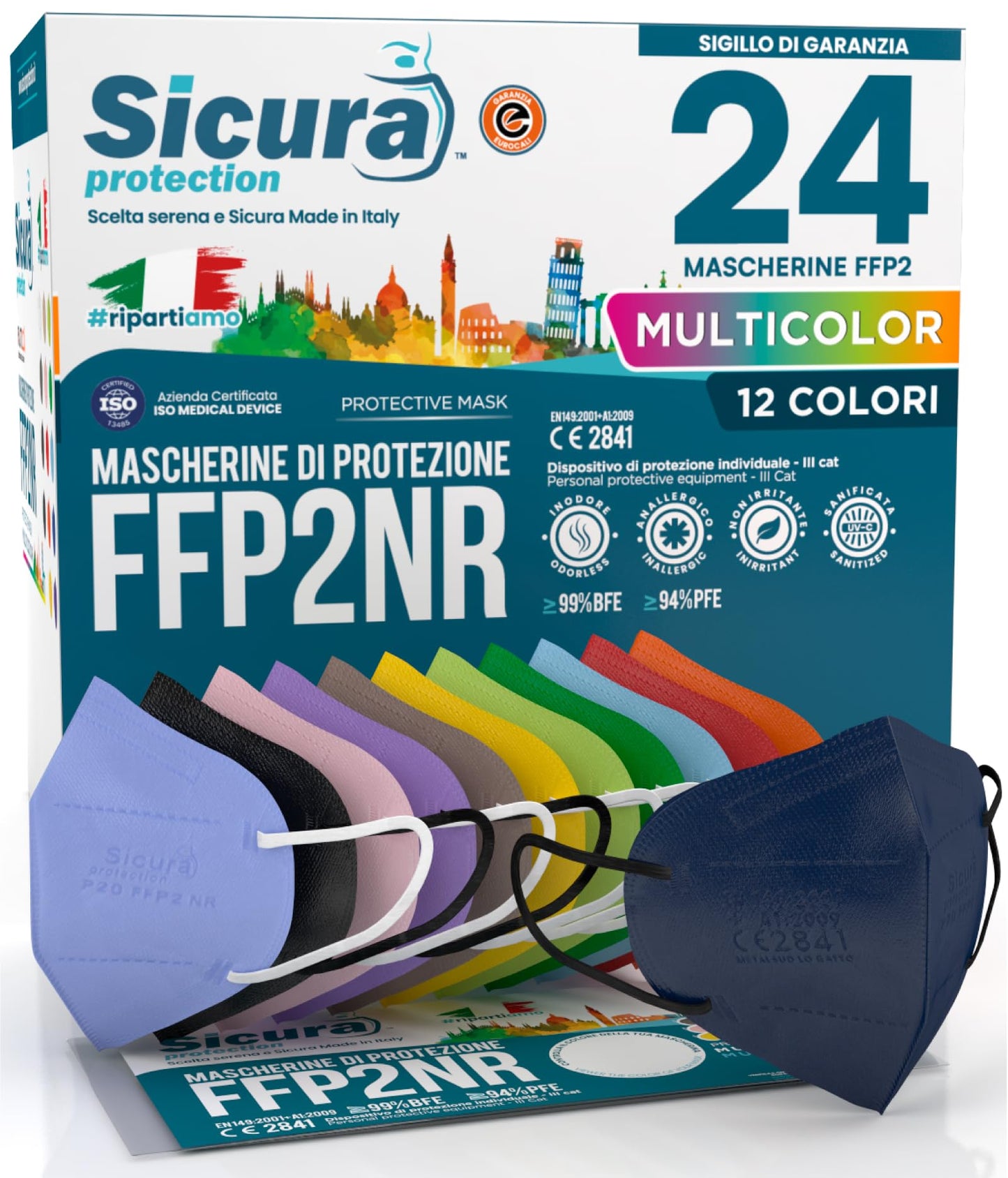 24 FFP2 maskas krāsainas CE sertificētas, Made in Italy, BFE ≥99%, Mix