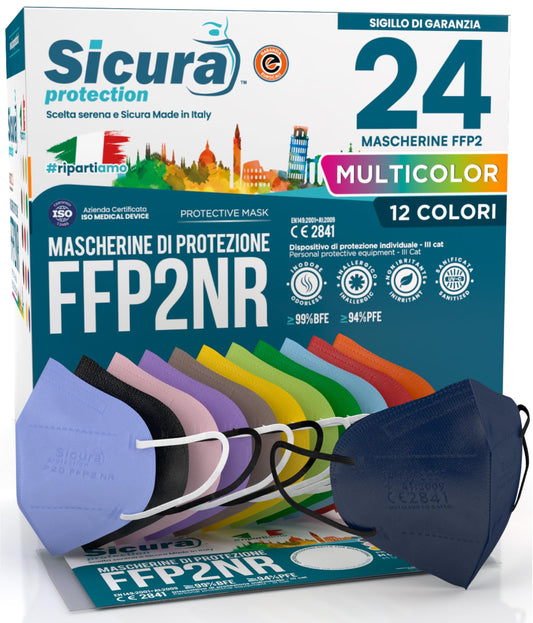 24 FFP2 maskas krāsainas CE sertificētas, Made in Italy, BFE ≥99%, Mix