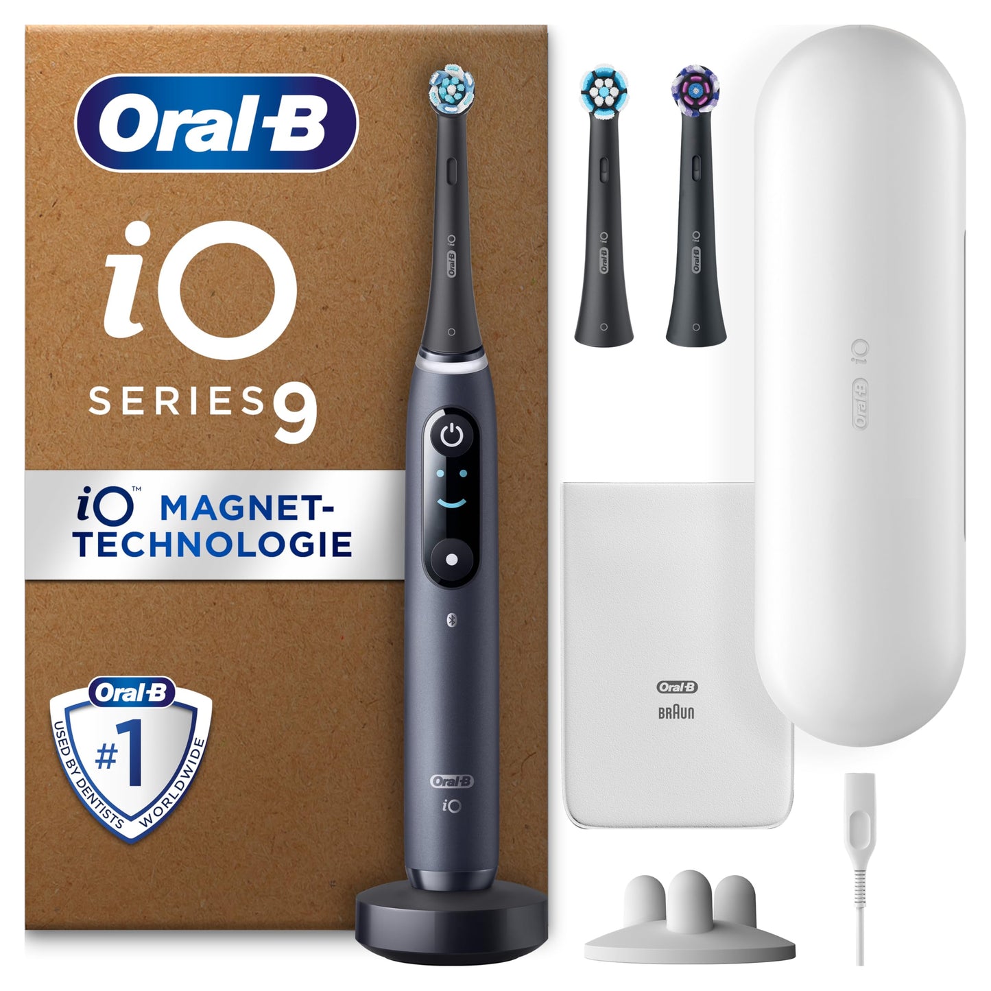 Oral-B iO Series 9 Plus Edition elektriskā zobu birste, PLUS 3 uzlikamās sukas, 7 tīrīšanas režīmi zobu kopšanai, uzlādējams ceļojumu etuijs, izstrādājusi Braun, melnā oniksa