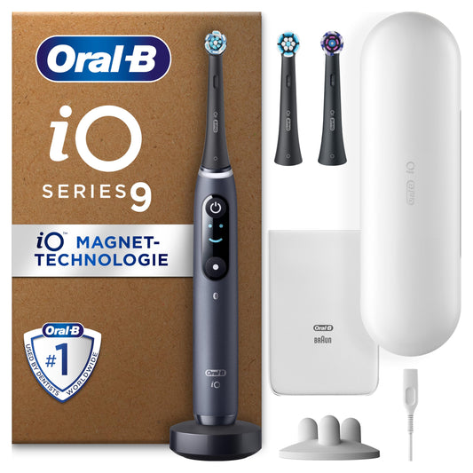 Oral-B iO Series 9 Plus Edition elektriskā zobu birste, PLUS 3 uzlikamās sukas, 7 tīrīšanas režīmi zobu kopšanai, uzlādējams ceļojumu etuijs, izstrādājusi Braun, melnā oniksa