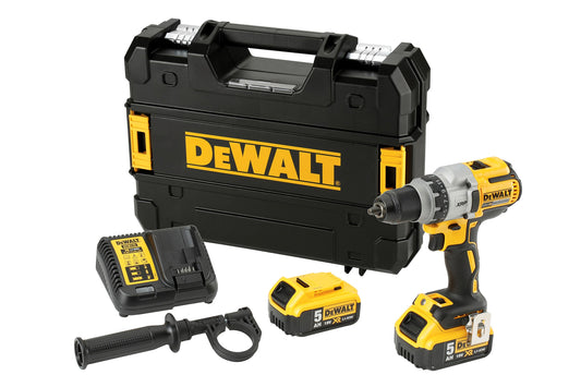 Dewalt 18V DCD991P2 - 3-speed cordless drill, metal gearbox, 11 torque settings, LED light, includes 2x 5.0Ah batteries, charger, TSTAK case.