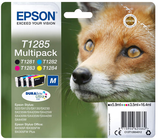 Epson C13T12854022 - Original ink cartridge set of 4, includes black, blue, magenta, and yellow.