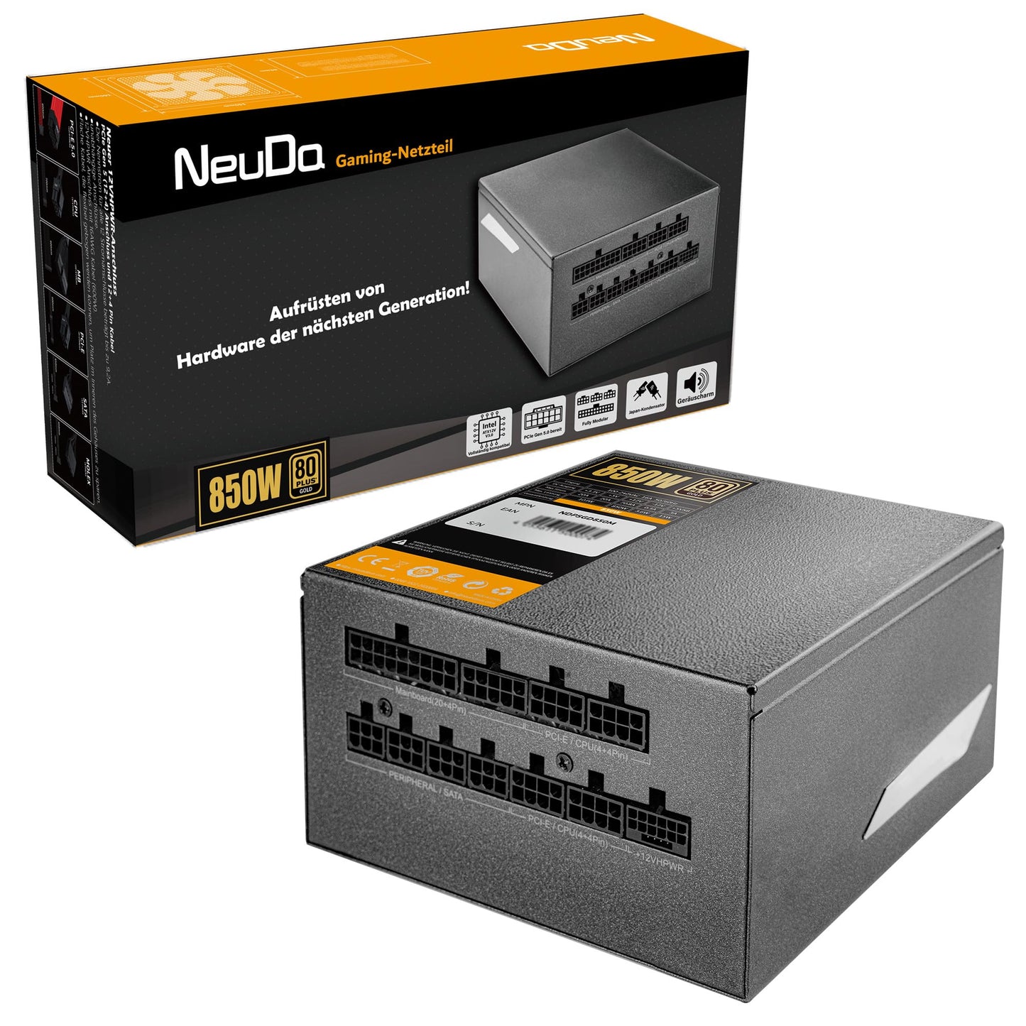 NEUDA ATX 850W Power Supply - 80Plus Gold, cable management, black, ideal for gaming setups.