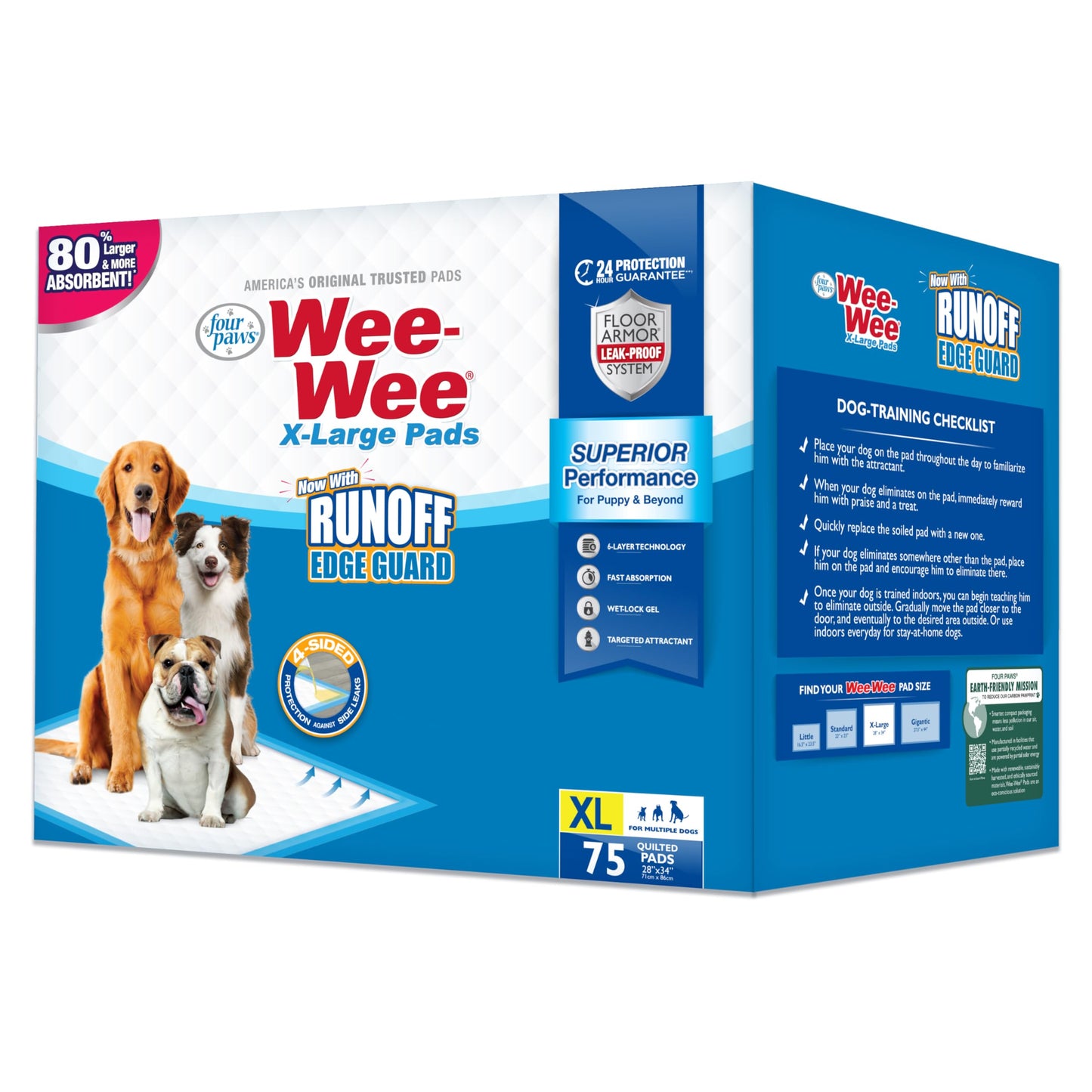 Suņu urinācijas paladziņi Four Paws Wee-Wee Superior Performance ar noteces barjeru un malu aizsardzību, kucēnu un suņu tualetes treniņam, 71,1 x 86,4 cm, 75 gab.