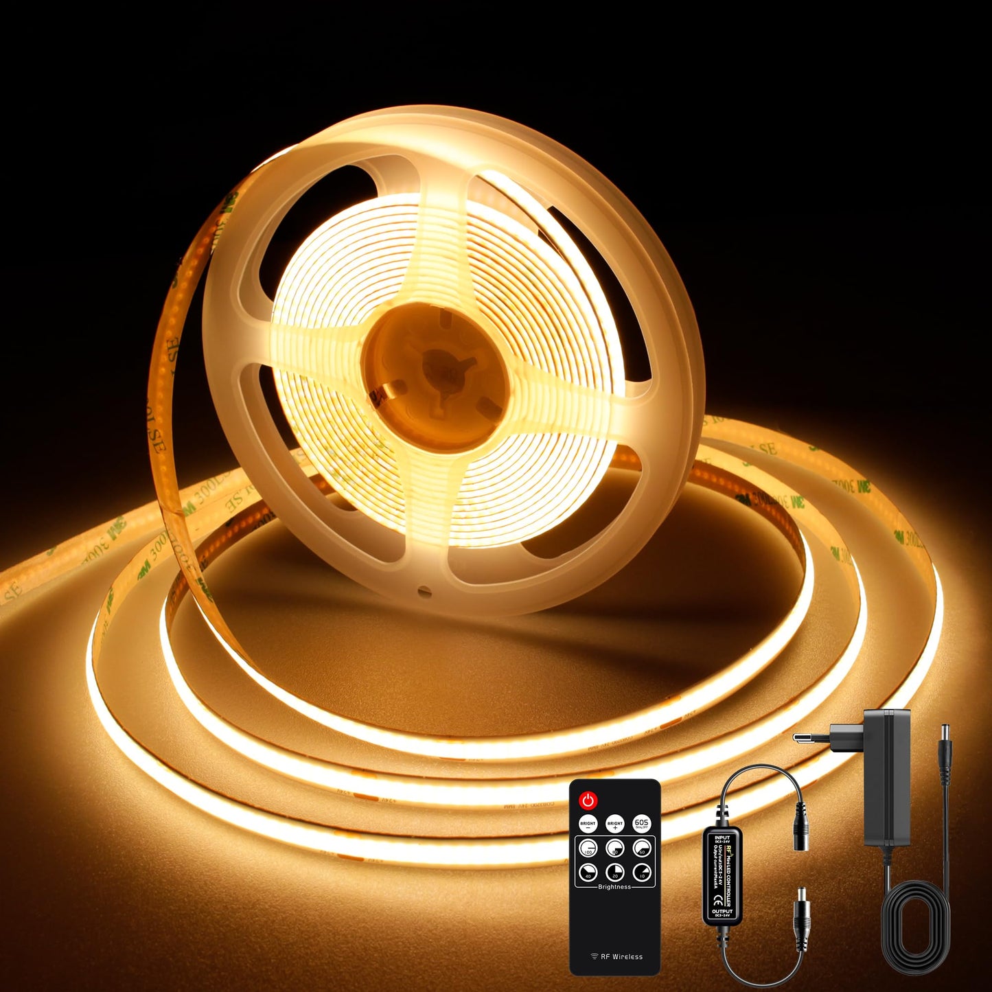 LED lente AXMOTUT 3m, COB LED lente silti balta 2700K, 24V 320LEDs/M, aptumšojama, ar RF tālvadības pulti un barošanas bloku, CRI90