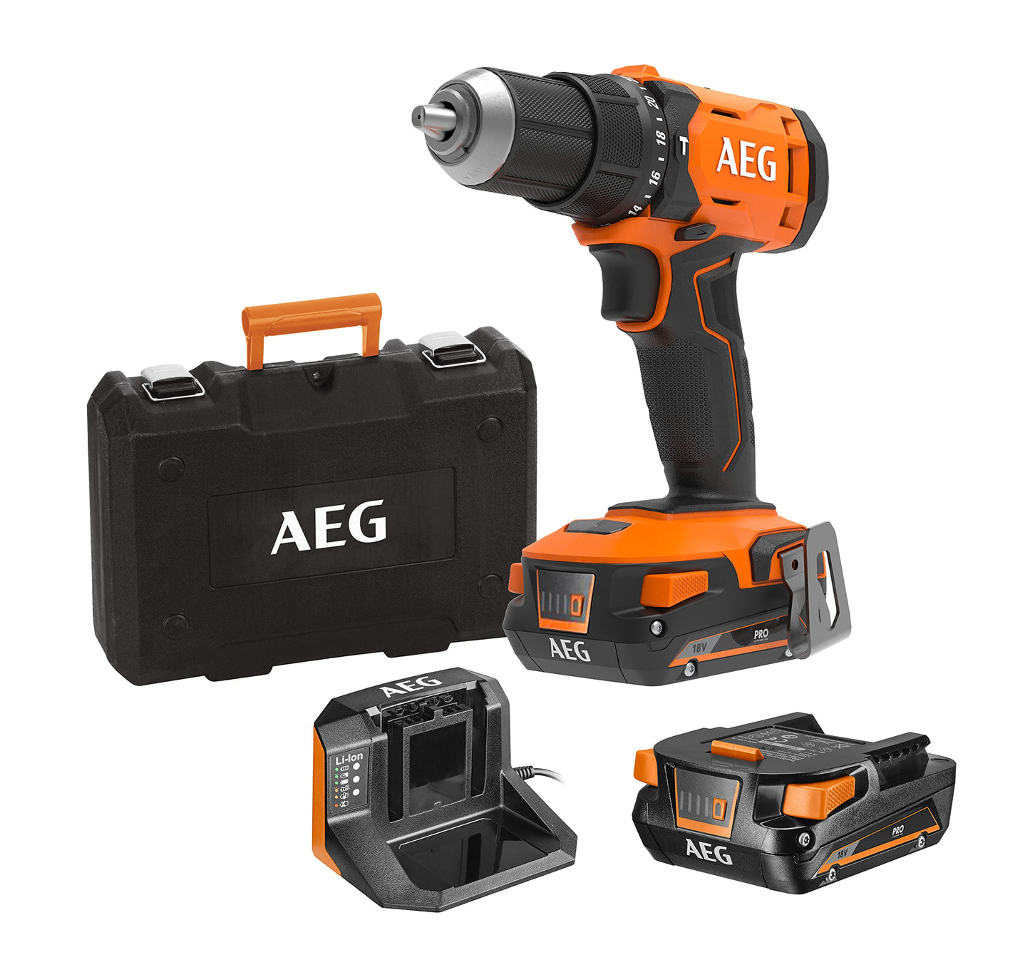 AEG 18 V Pro18V triecienurbjmašīna BSB18G4-202C - 60 Nm griezes moments, 2 x 18 V 2,0 Ah akumulatori un lādētājs iekļauti.
