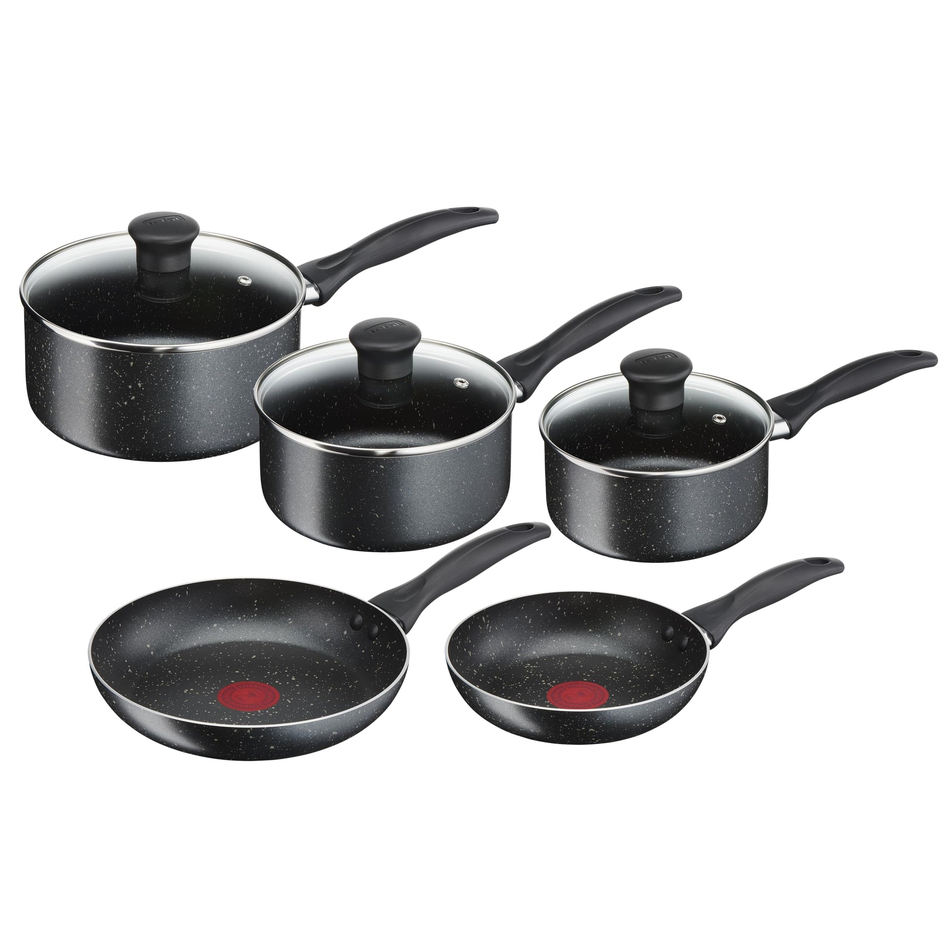Tefal Bistro cookware set - black aluminum frying pans (20 & 24 cm) and pots with lids (16, 18, & 20 cm).