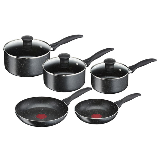 Tefal Bistro cookware set - black aluminum frying pans (20 & 24 cm) and pots with lids (16, 18, & 20 cm).