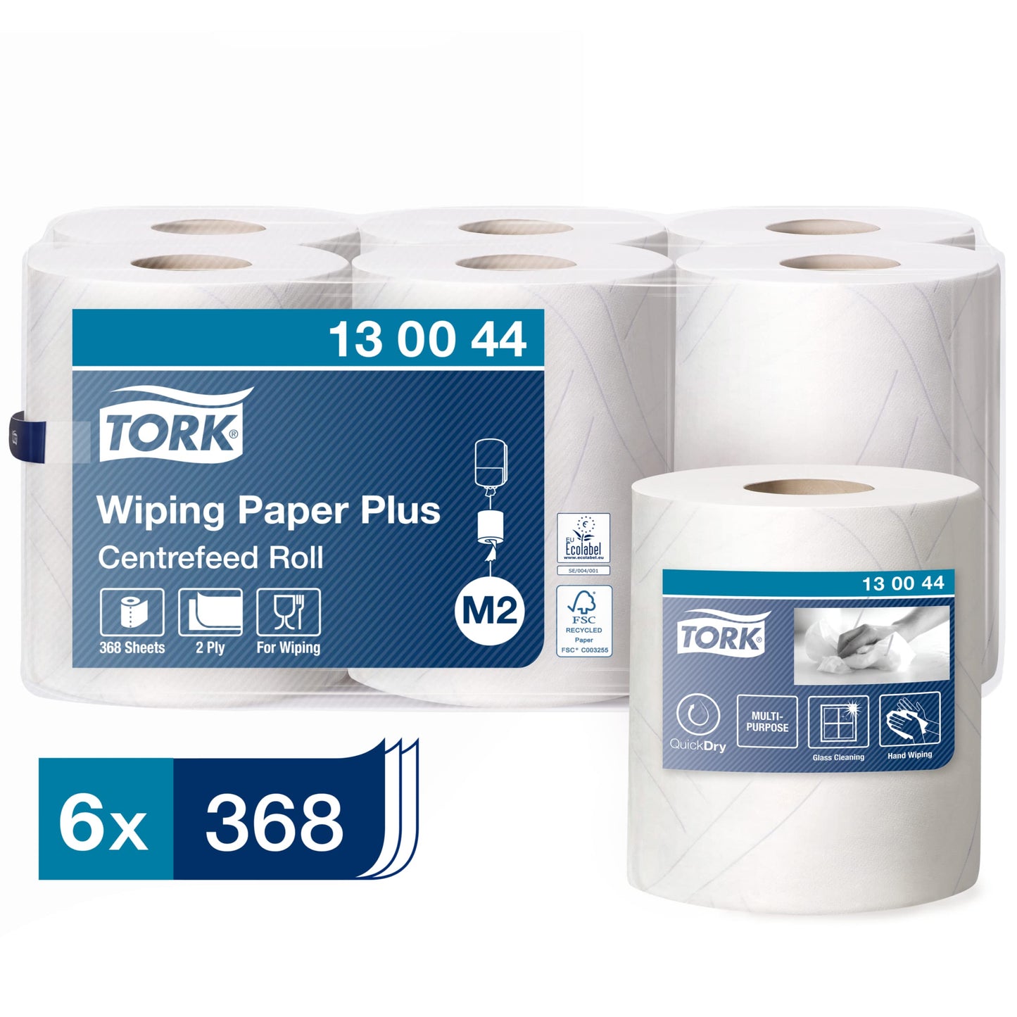 Tork 130044 spēcīgi daudzfunkcionāli papīra dvieļi M2 iekšējās satīšanas dozatoram, 2 kārtas, balti, Quick Dry, 6 x 125 m