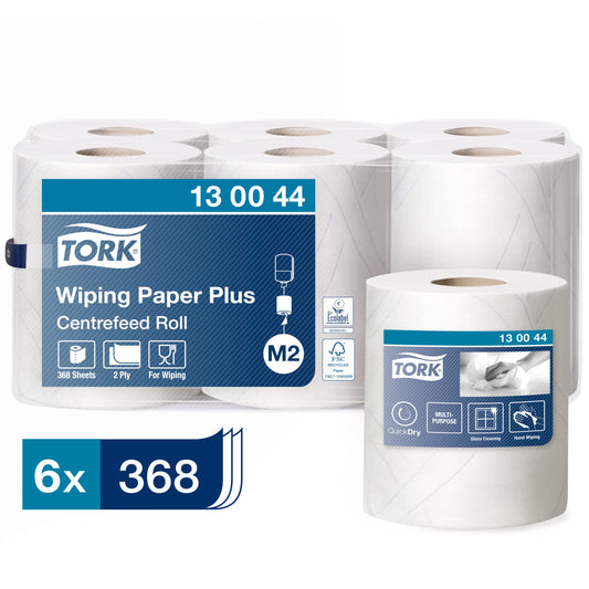 Tork 130044 spēcīgi daudzfunkcionāli papīra dvieļi M2 iekšējās satīšanas dozatoram, 2 kārtas, balti, Quick Dry, 6 x 125 m