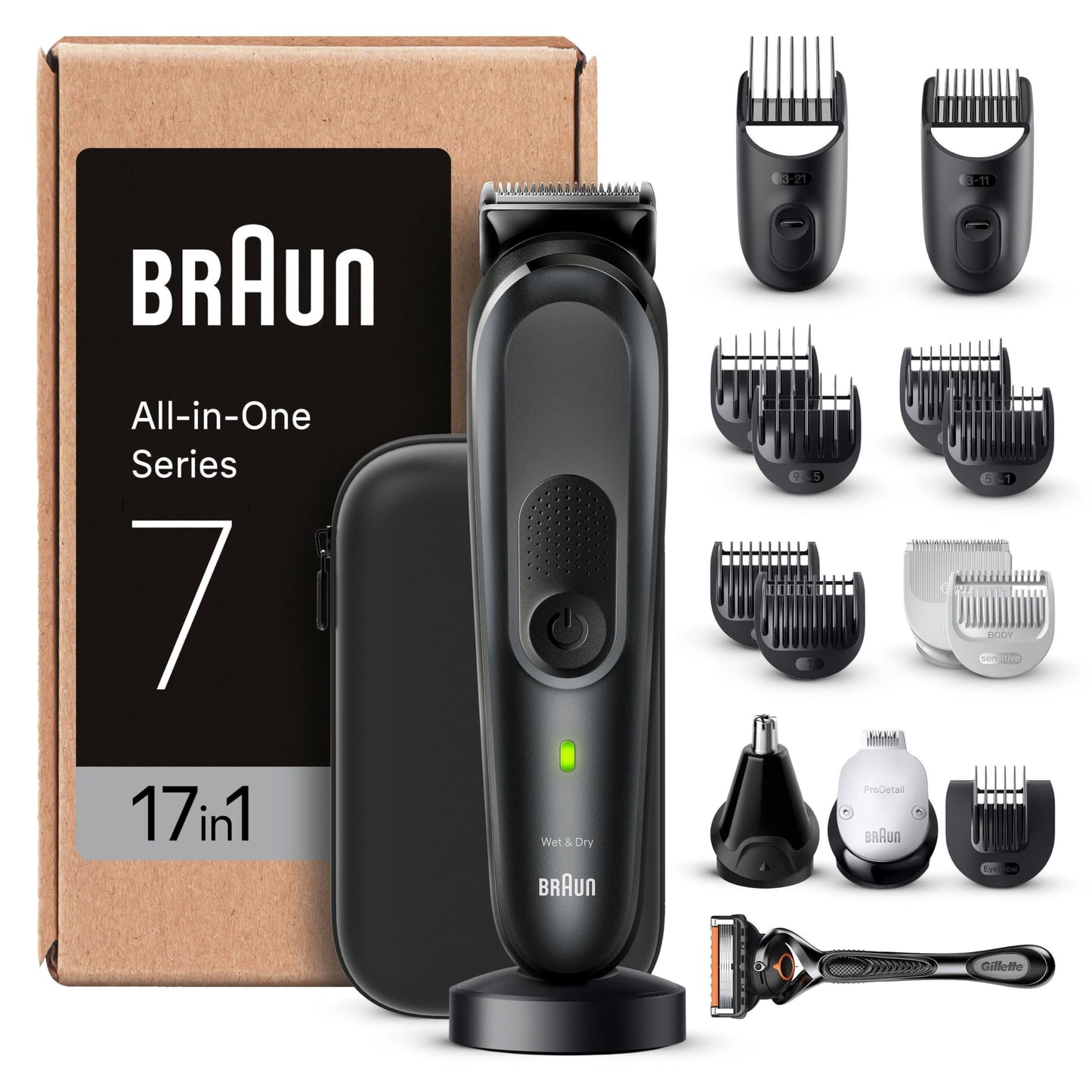 Universālais trimmera komplekts Braun All-In-One Trimmer-Set 7, 17-in-1 multigroom, bārdas trimmeris, deguna matiņu trimmeris, matu griešanas mašīna sejai, galvai un ķermenim, 100 Min akumulators, 14 garumi (3–21 mm), ūdensizturīgs, MGK7491, melns