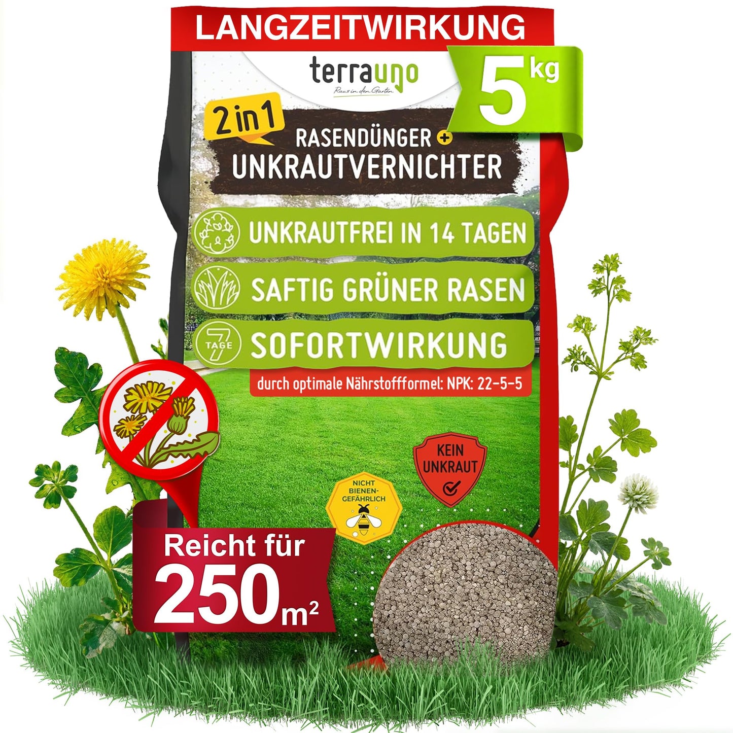 TerraUno zāliena mēslojums ar nezāļu iznīcinātāju, īpaši spēcīgs, 100 dienu ilgstoša iedarbība, 5 kg uz 250 m², pret pienenēm, āboliņu un citiem, zāliena nezāļu iznīcinātājs ar mēslojumu sulīgi zaļam zālienam pavasarī un vasarā