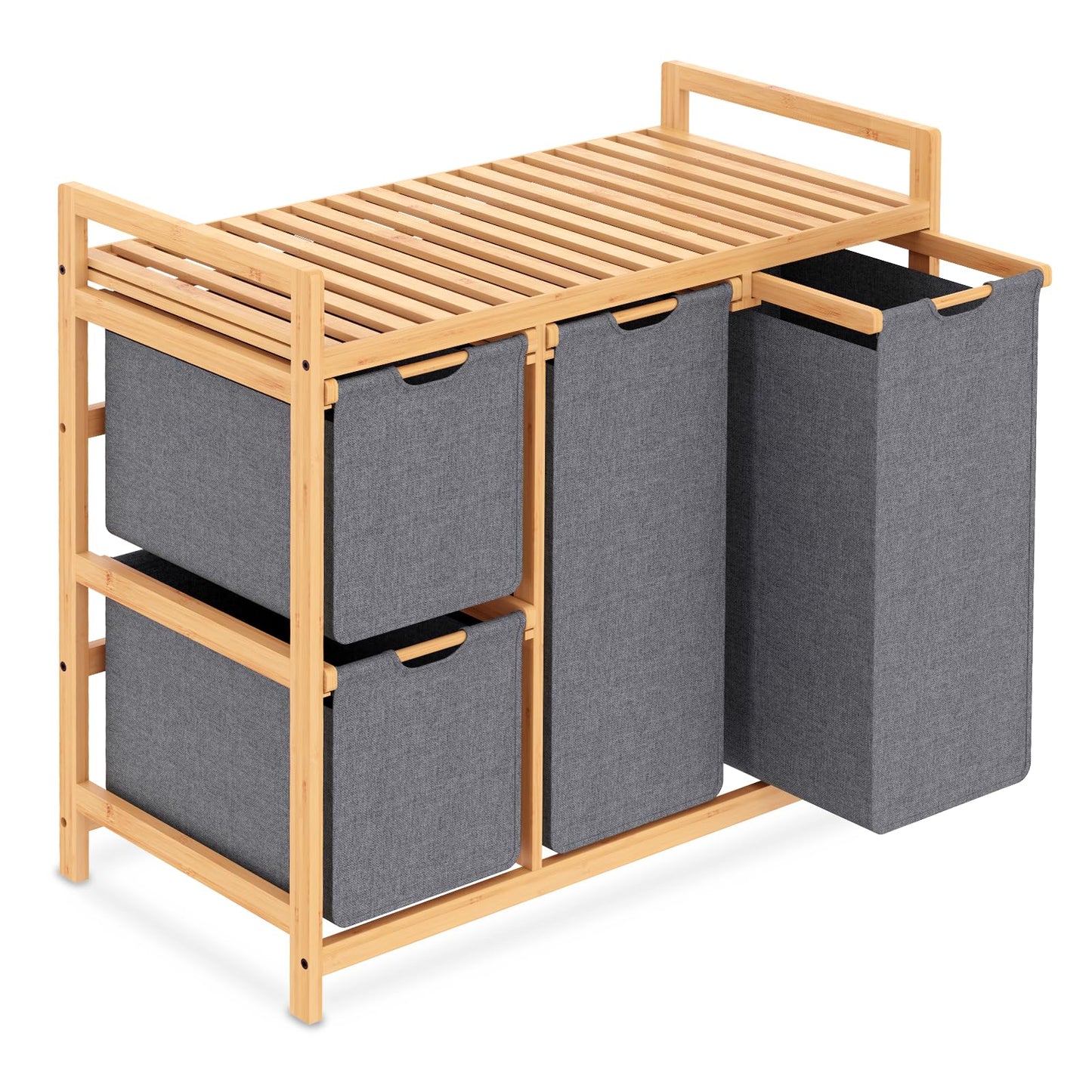 Veļas grozs iEGrow ar 4 nodalījumiem, 150L, bambusa veļas šķirotājs ar plauktu, 4 izņemami veļas maisi, 2 x 50 L un 2 x 25L, pelēks