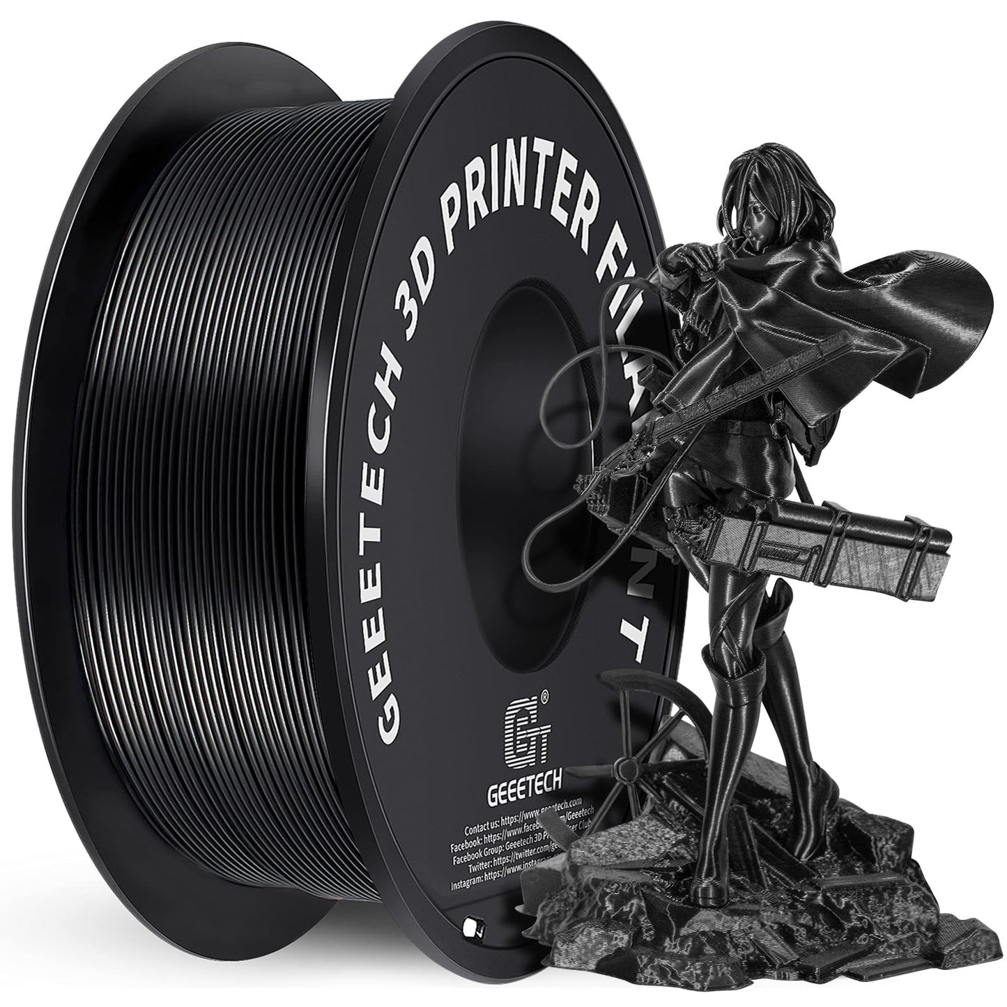 GEEETECH PLA filament 1.75mm, 3D printera PLA filament, 1kg spole, melns