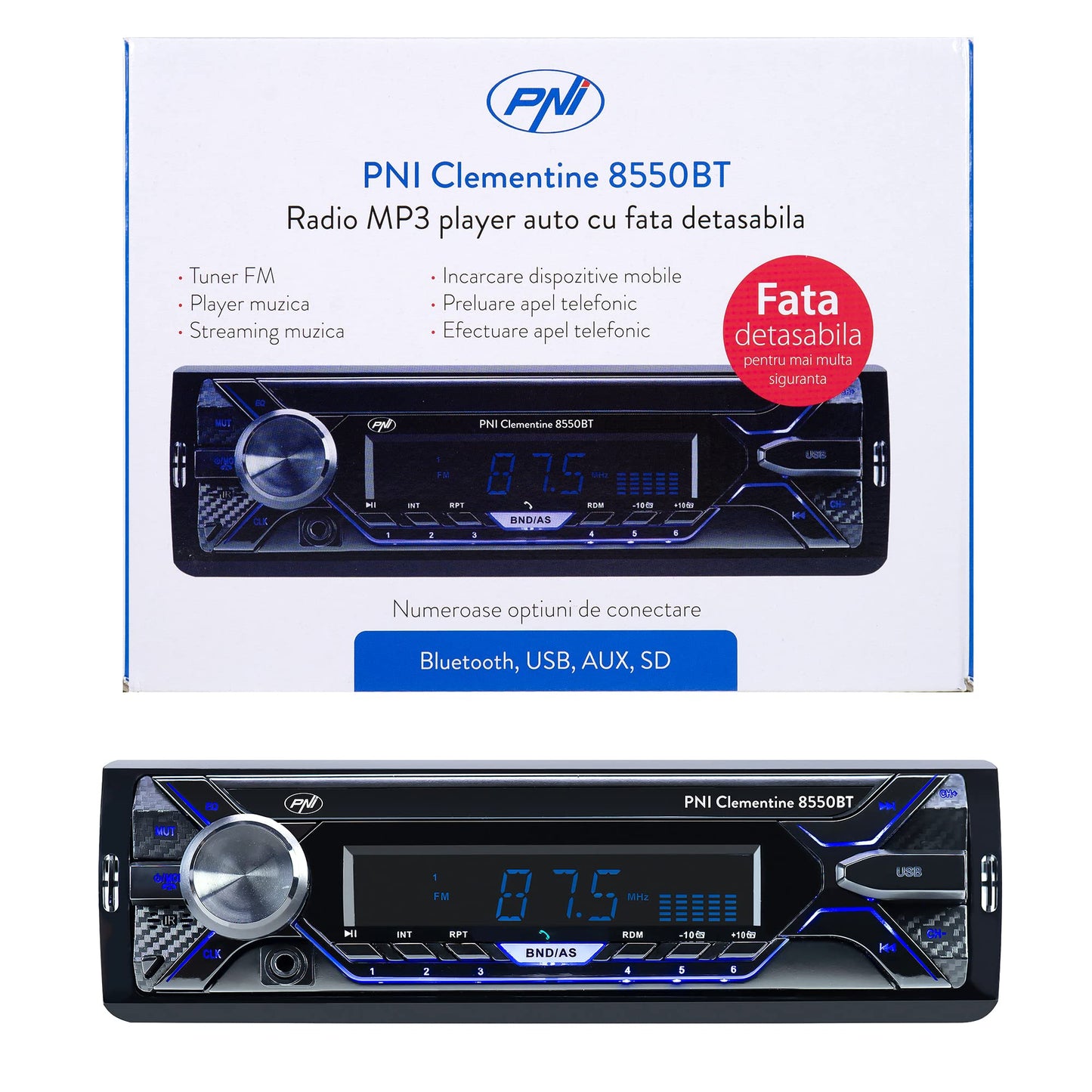 Auto MP3 atskaņotājs PNI Clementine 8550BT, priekšpuse noņemama, 4x45w, 12V, 1 DIN, ar SD, USB, AUX, RCA