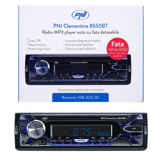 Auto MP3 atskaņotājs PNI Clementine 8550BT, priekšpuse noņemama, 4x45w, 12V, 1 DIN, ar SD, USB, AUX, RCA
