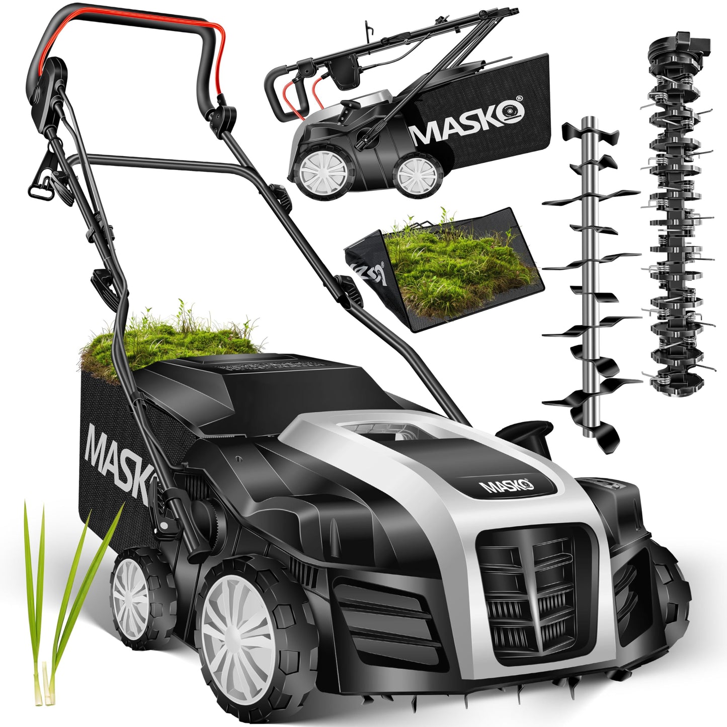 MASKO® elektriskais 2in1 skarifikators un zāliena aerators 1800W 40cm darba platums 55L savācējgrozs ar aerēšanas veltni, sūnu noņēmējs, 20 tērauda naži, 5 pakāpju darba dziļuma regulēšana, augstumā regulējams rokturis