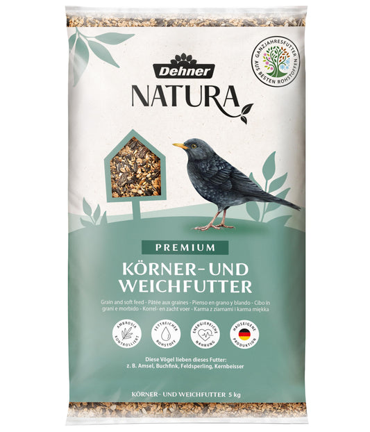 Putnu barība Dehner Natura Premium savvaļas putniem, graudu un mīkstā barība, visa gada barība, olbaltumvielām un enerģijai bagāta, 5 kg