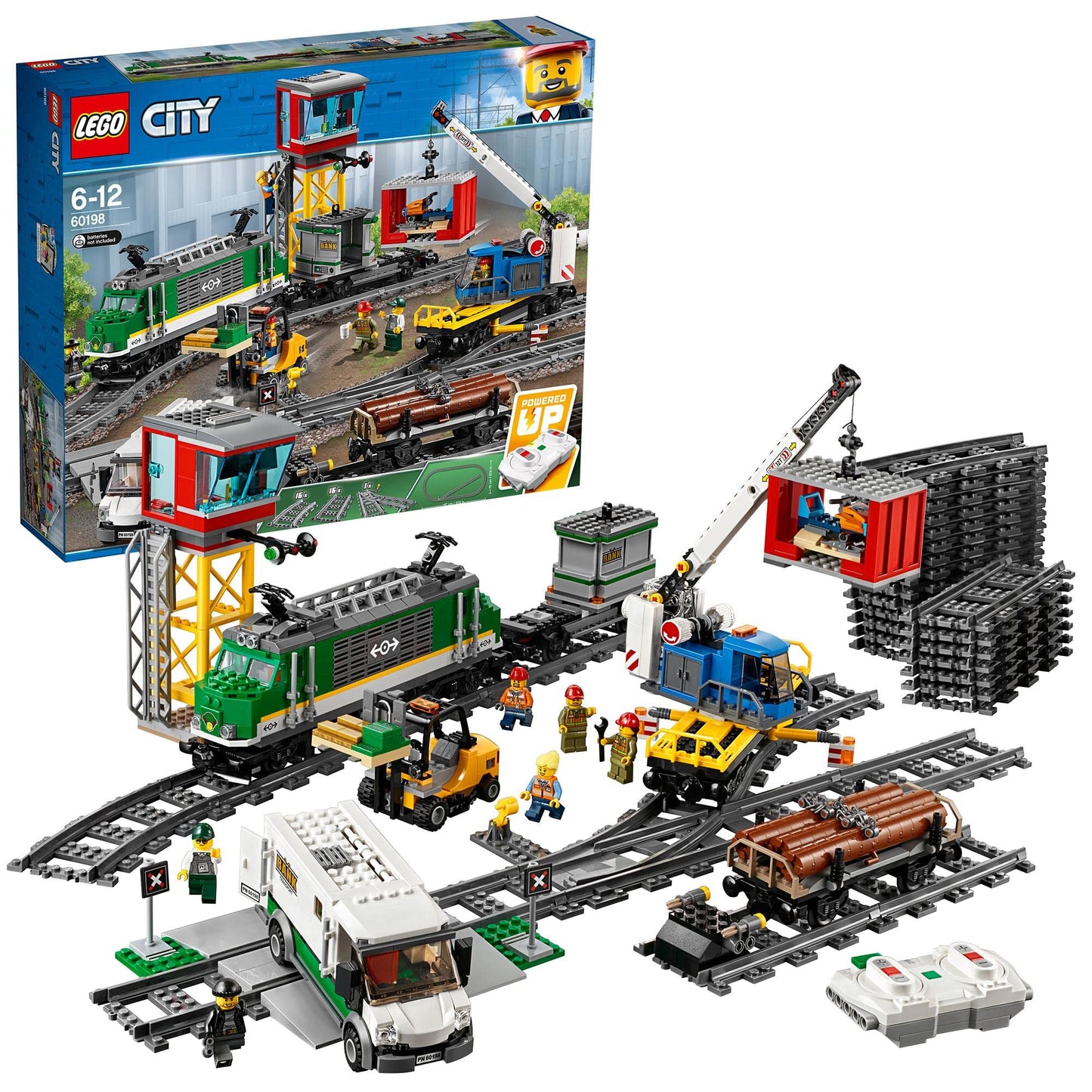 LEGO City kravas vilciens - baterijām darbināms motors, Bluetooth tālvadība, 3 vagoni, sliedes un piederumi 60198