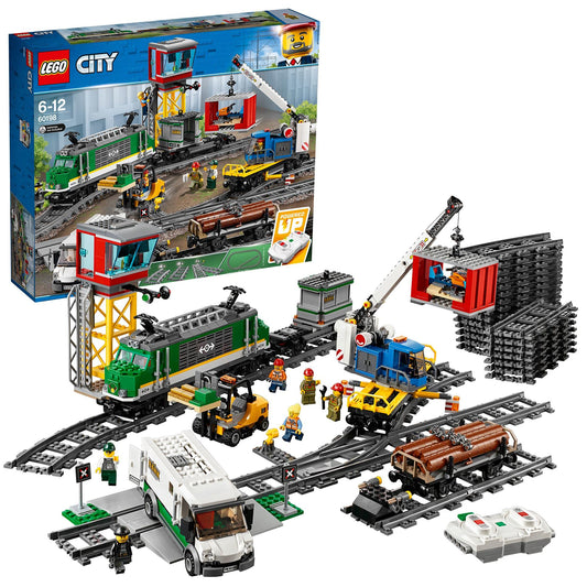 LEGO City kravas vilciens - baterijām darbināms motors, Bluetooth tālvadība, 3 vagoni, sliedes un piederumi 60198