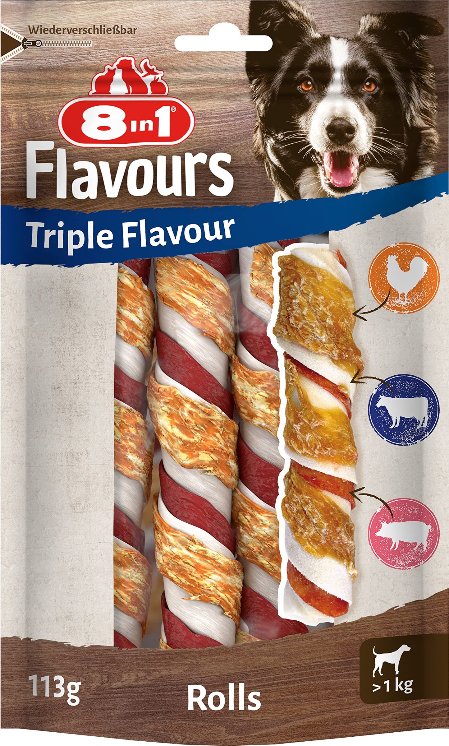 Suņu kārumi 8in1 Triple Flavour Rolls kaulu kociņi ar trīs garšu kombināciju, 113 g iepakojums (3 gab.)