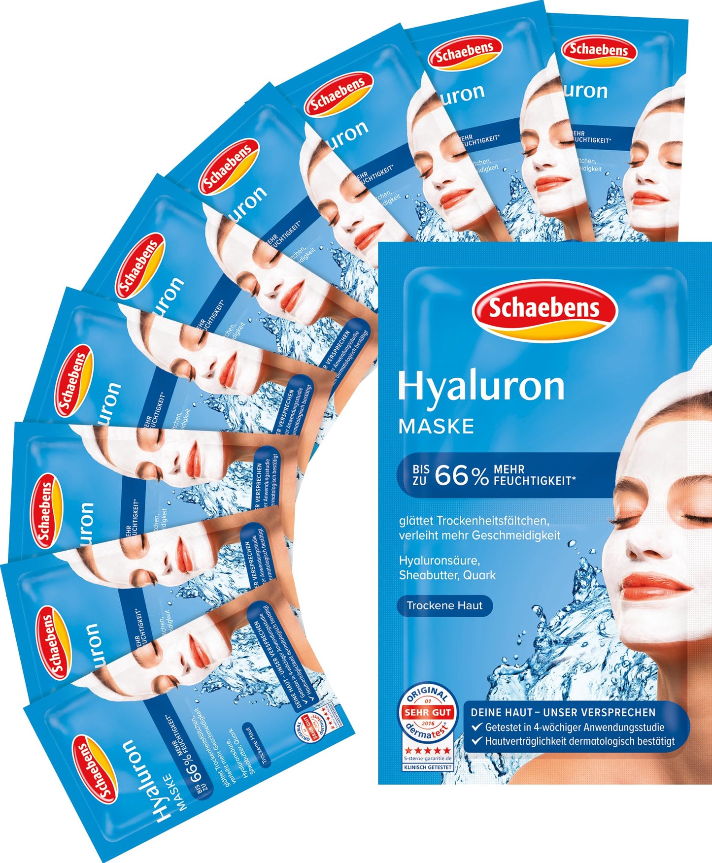 Sejas maska Schaebens Hyaluron, 10x 10ml, 10 gab. iepakojumā, Hydro Boost ar hialuronskābi, šī sviestu un biezpienu visiem ādas tipiem