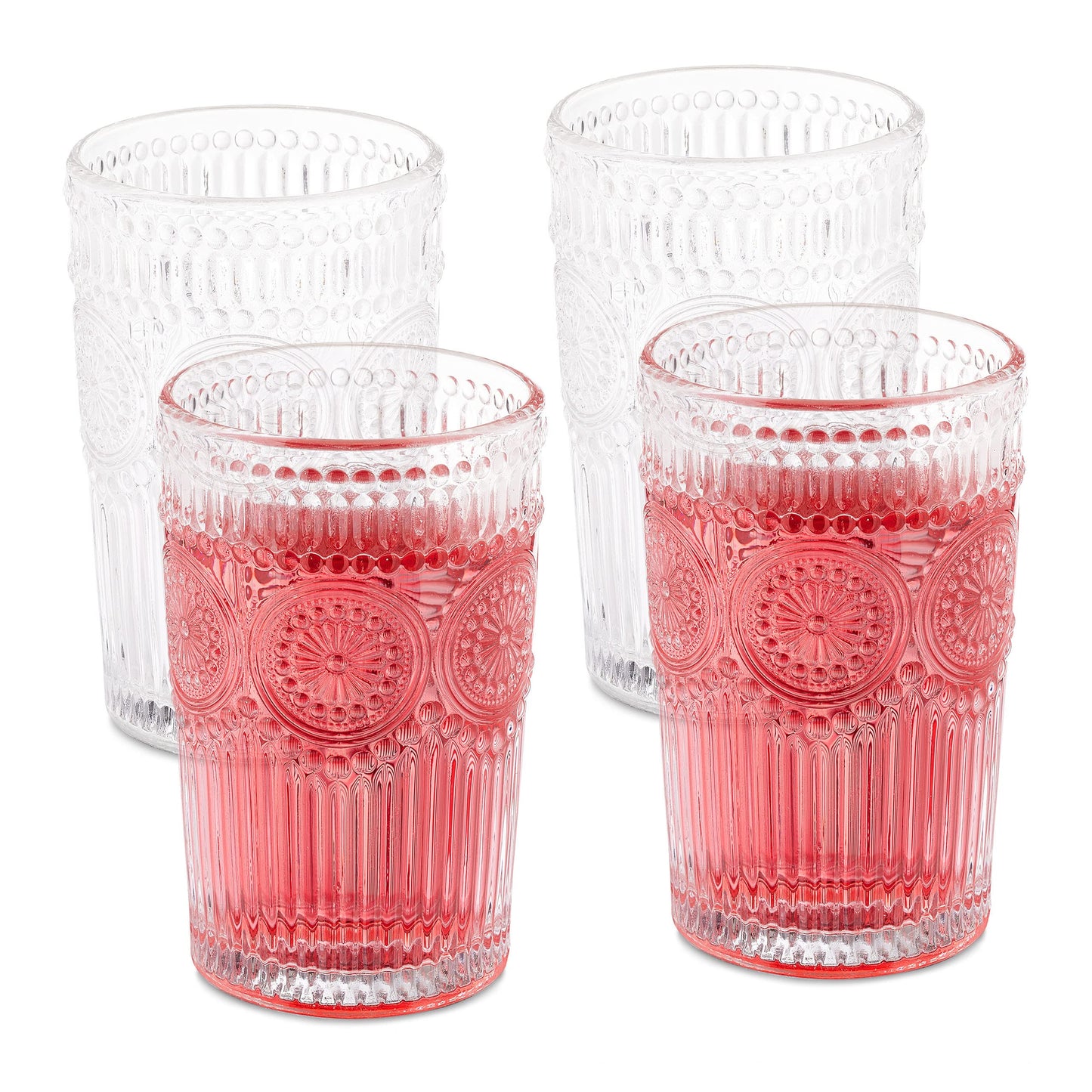 Stikla glāzes Relaxdays, 4 gab. komplekts, 400 ml, vintage ūdens, sulas un limonādes glāzes, trauku mazgājamajā mašīnā mazgājamas, caurspīdīgas, 13 x 8 cm