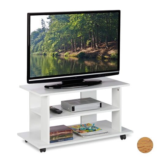 Relaxdays TV galds ar ritenīšiem, 2 nodalījumi televizoram, konsolēm un uztvērējiem, pārvietojams televizora galds, HBT 45x80x40 cm, balts