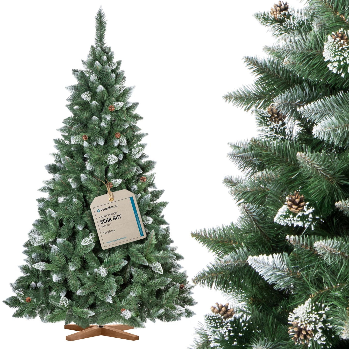 Mākslīgā Ziemassvētku eglīte FairyTrees FT04 220 cm priede ar koka statīvu, dabīgi balta apsarmojuma efekts, Made in EU